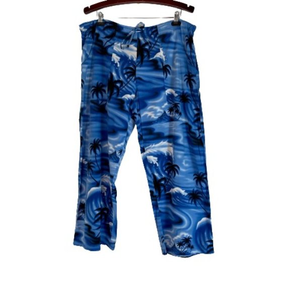 Nalu Wahine Pants - Nalu Wahine Tropical Print Casual Pants Blue Black